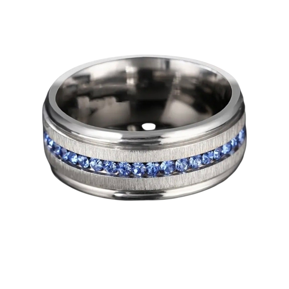 New Men's Stainless Steel Band Ring with Blue Cubic Zirconia Row Size 11